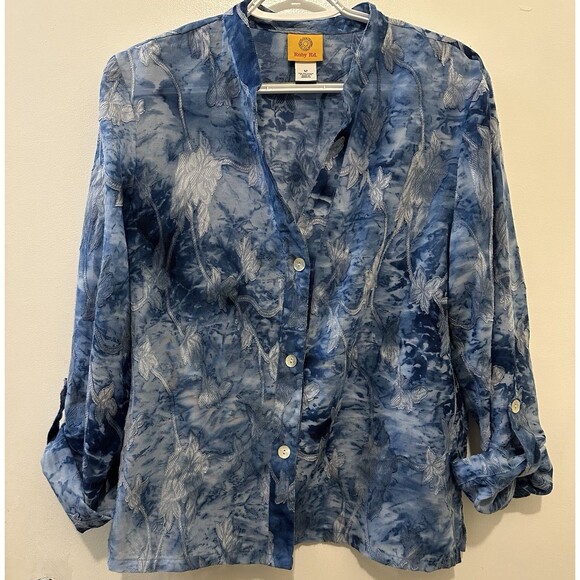 Ruby Rd Blue Embroidered Floral Button Front Blouse Roll Tab Sleeves SZ 12 - Picture 1 of 4